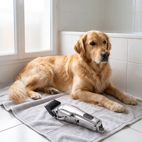 Grand chien au long poil doré et ondulé debout sur une grande serviette gris clair dans une salle de bains blanche et lumineuse, la tondeuse chromée avec un peigne de guidage noir posée sur le bord de la baignoire.